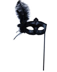 Máscara de carnaval con plumas y brillo – Modelo de mano