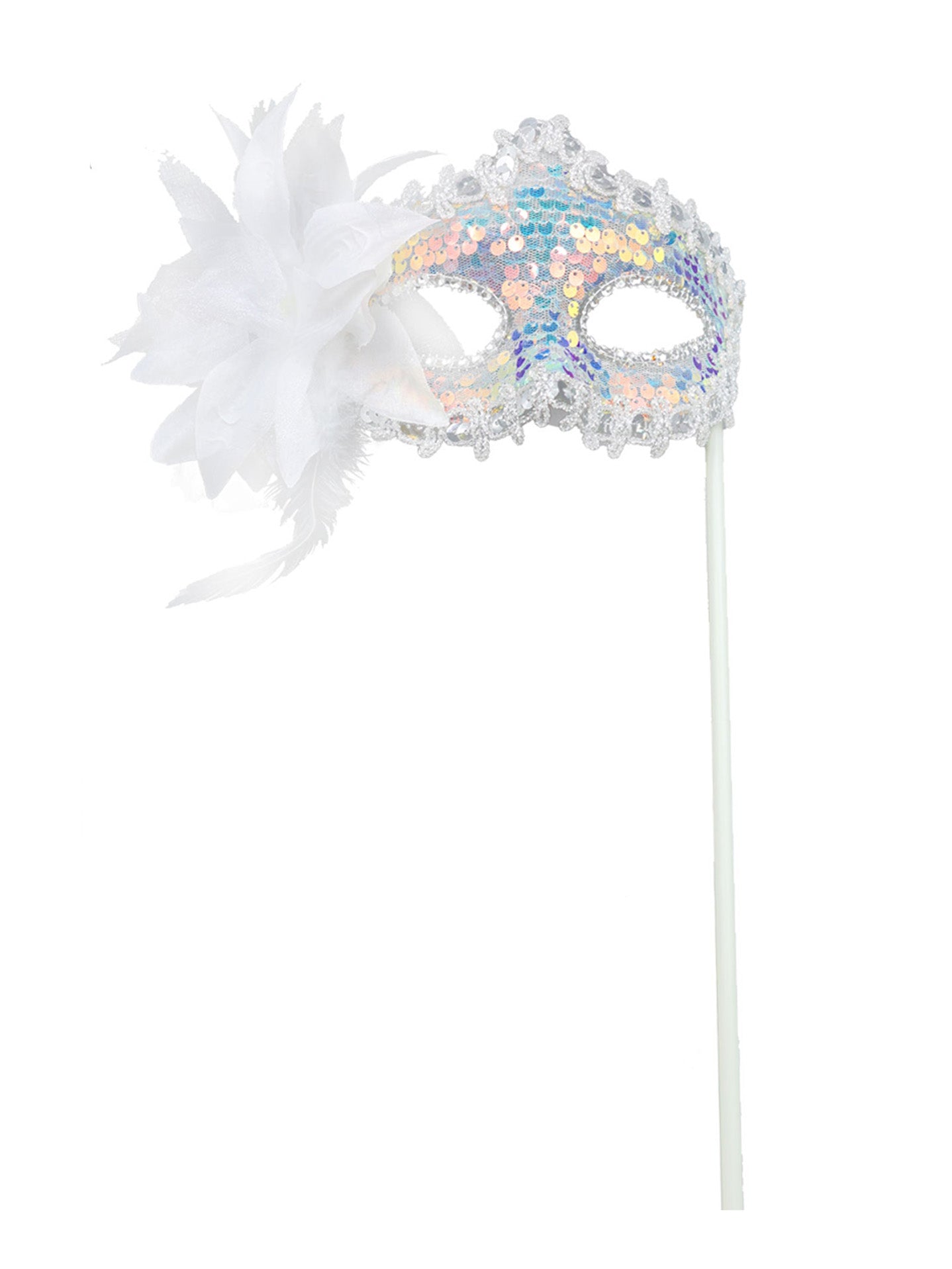 Máscara de carnaval con plumas y brillo – Modelo de mano