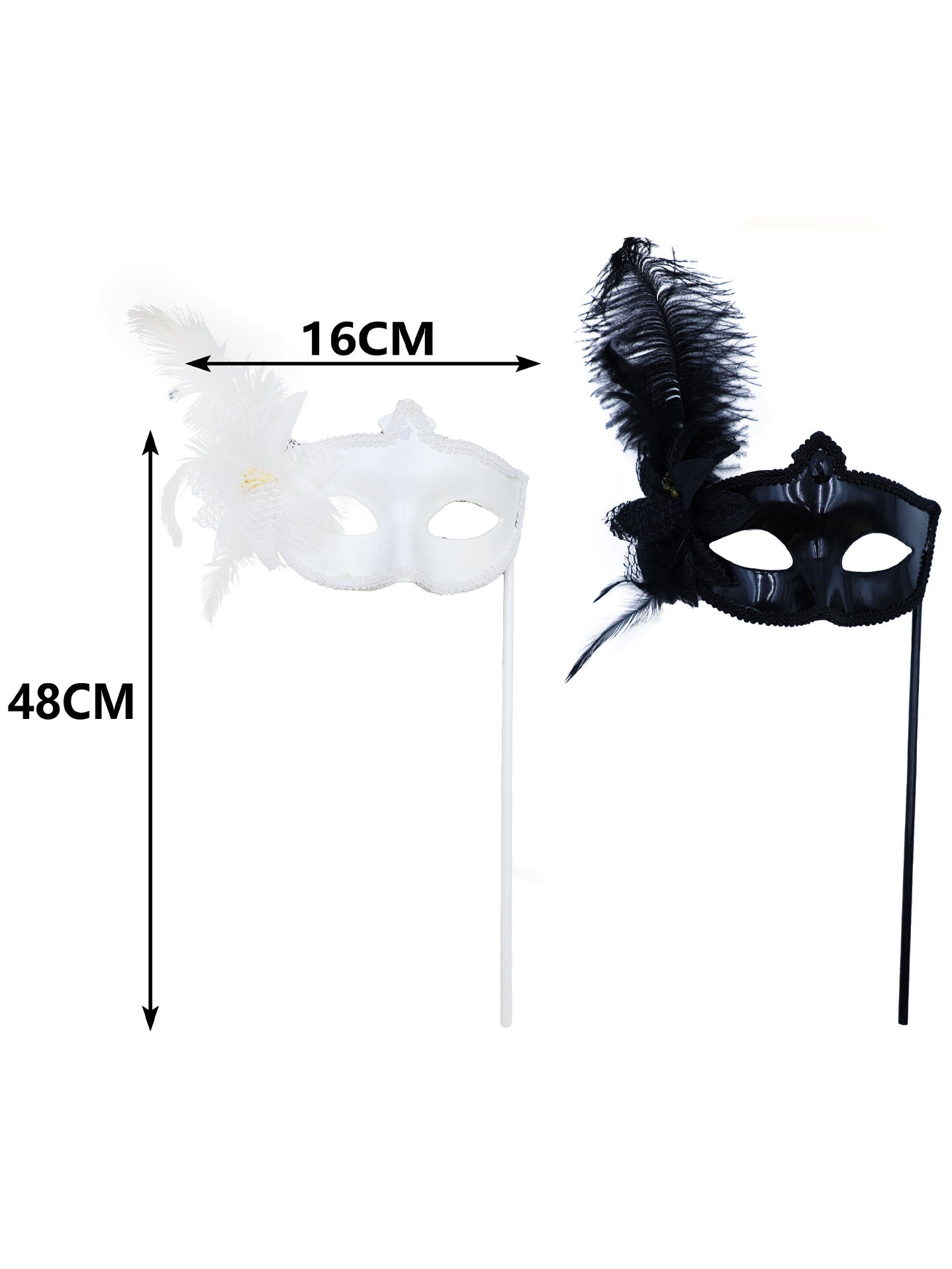 Máscara de carnaval con plumas y brillo – Modelo de mano