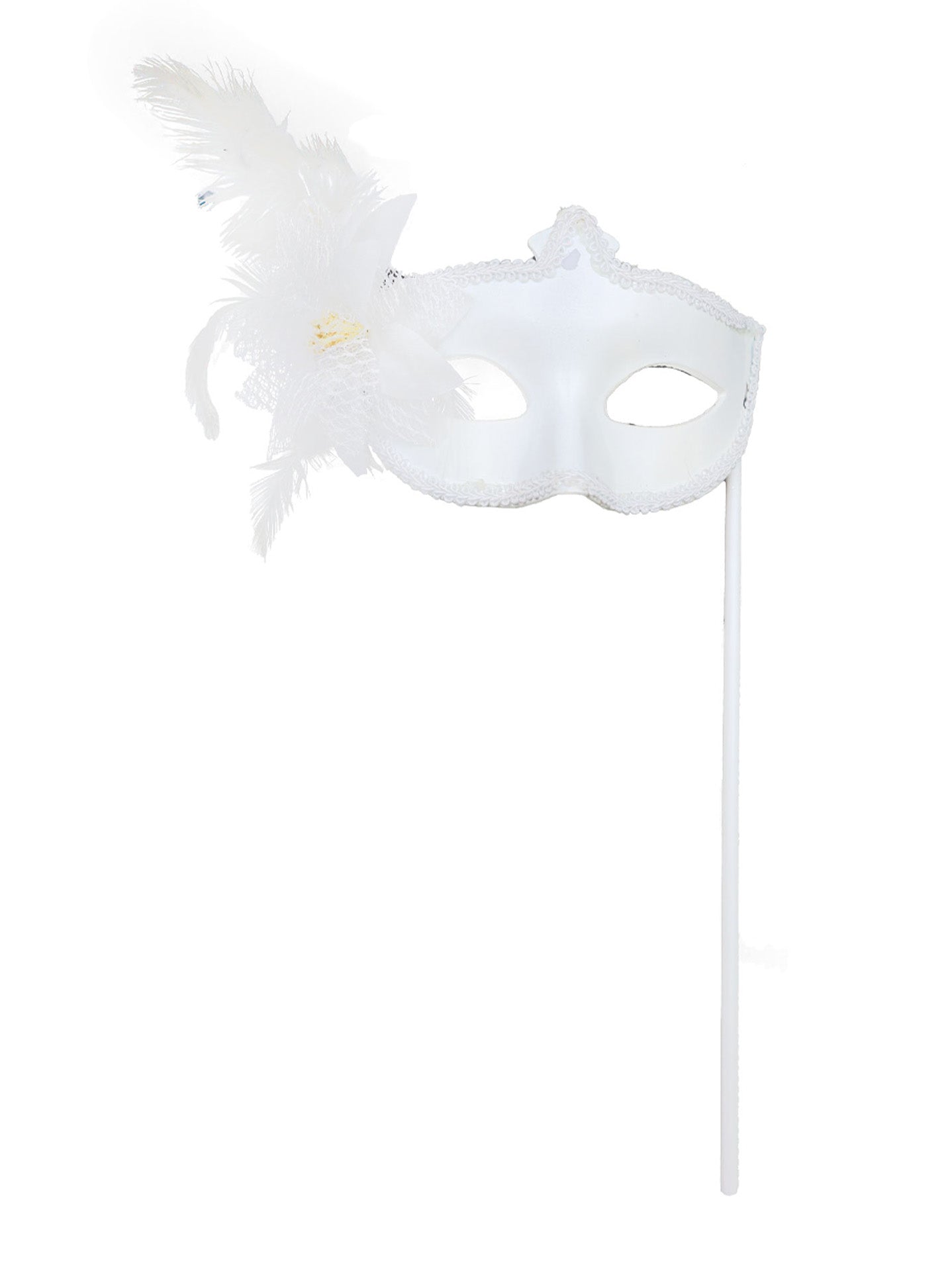 Máscara de carnaval con plumas y brillo – Modelo de mano