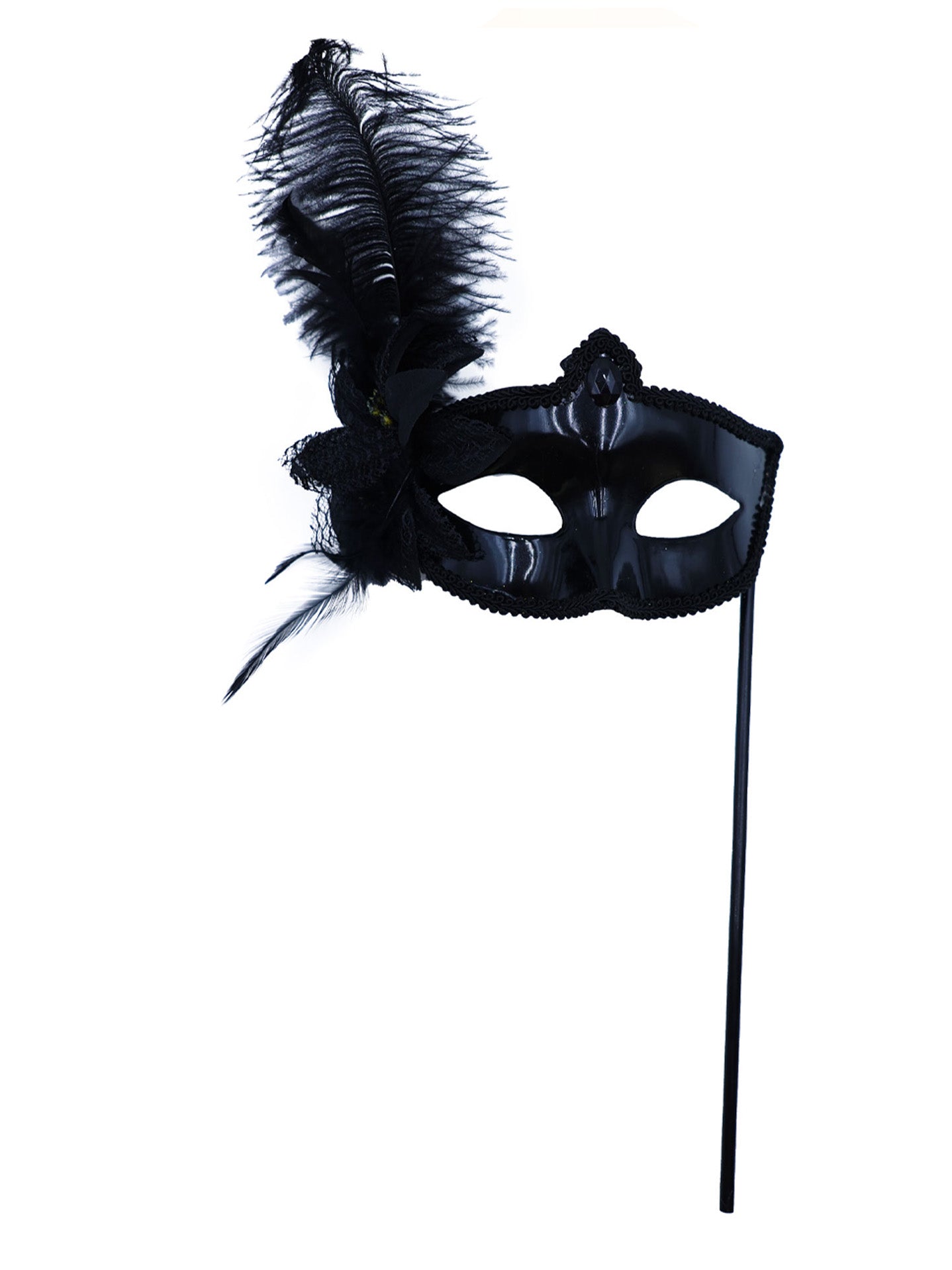 Máscara de carnaval con plumas y brillo – Modelo de mano